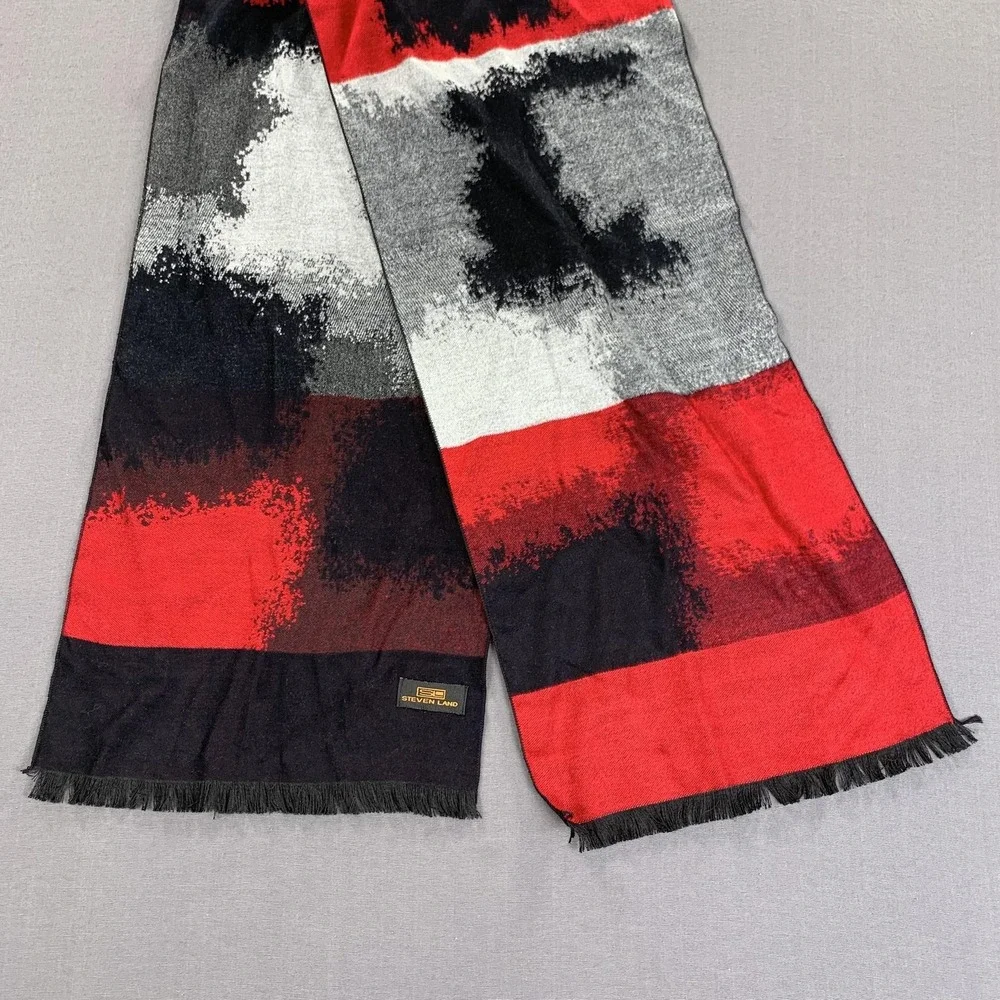 Steven Land Scarf Mens‎ One Size Red Black Abstract Colorblock Fringe Viscose